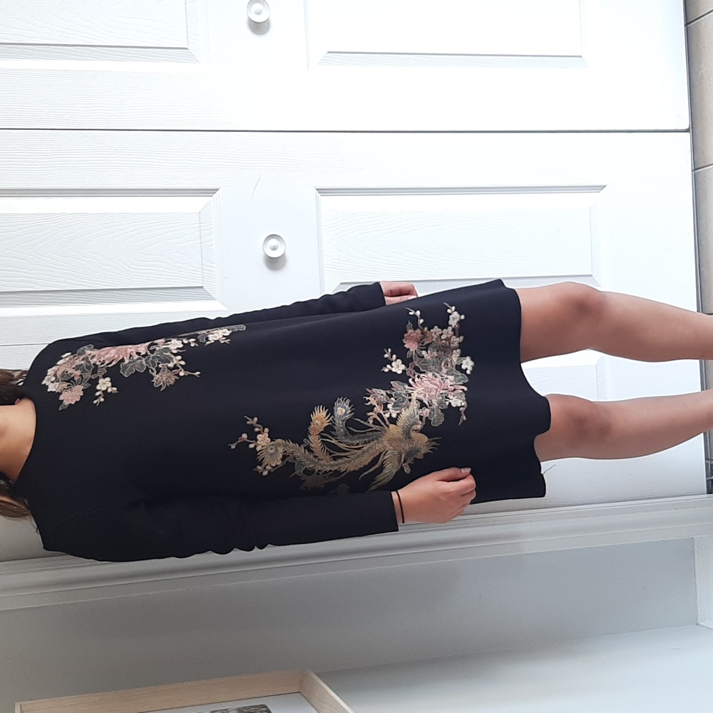 Zara Black Mini Dress with Pink and Gold Floral Embroidery